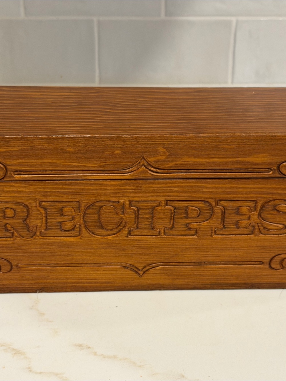 Vintage Wood Engraved "RECIPES" Recipe Box w/ Lid, Brown 11x4x4, Fits Cards HTF